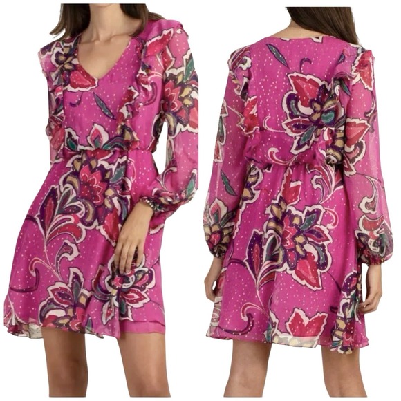 Trina Turk Saka Floral Silk Dress‎ Size L Ruffled Pink Metallic Blouson A-Line - Picture 1 of 11